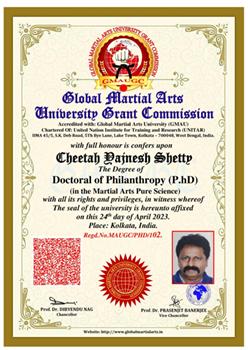 Renowned Martial Arts Guru Cheetah Yajnesh Shetty Receives Phd Degree From Global Martial Arts University Grant Commission