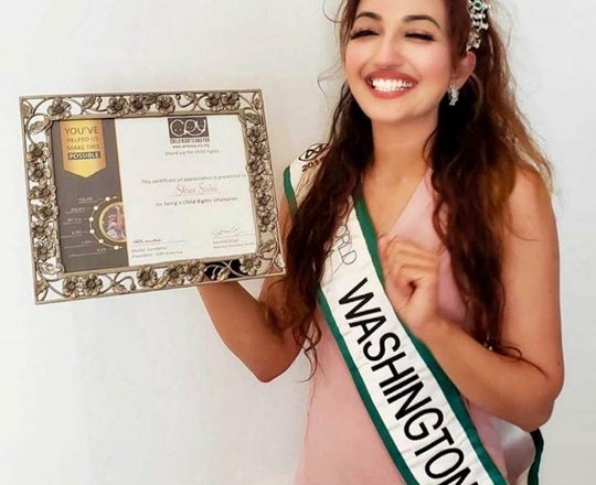 Miss World Washington Shree Saini Honored with Child Rights Champion Award for her Social Work